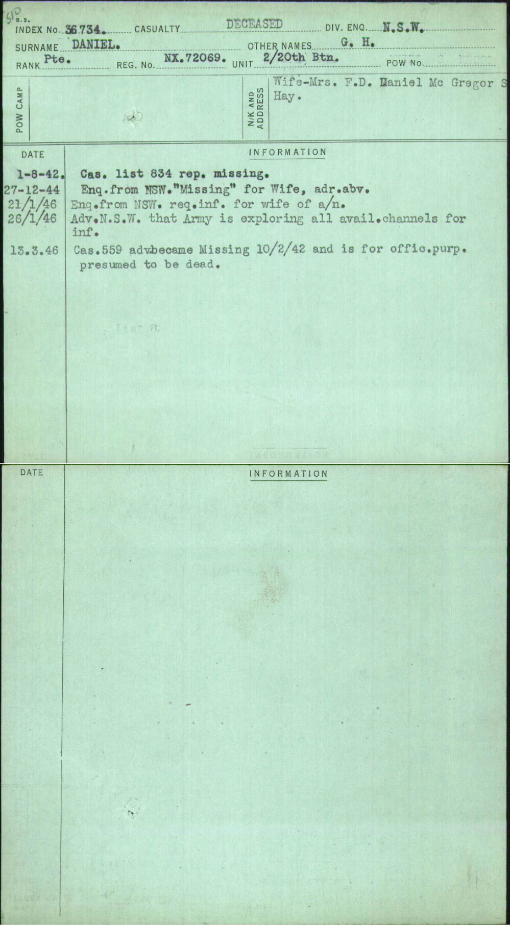 Daniel, G H, NX72069