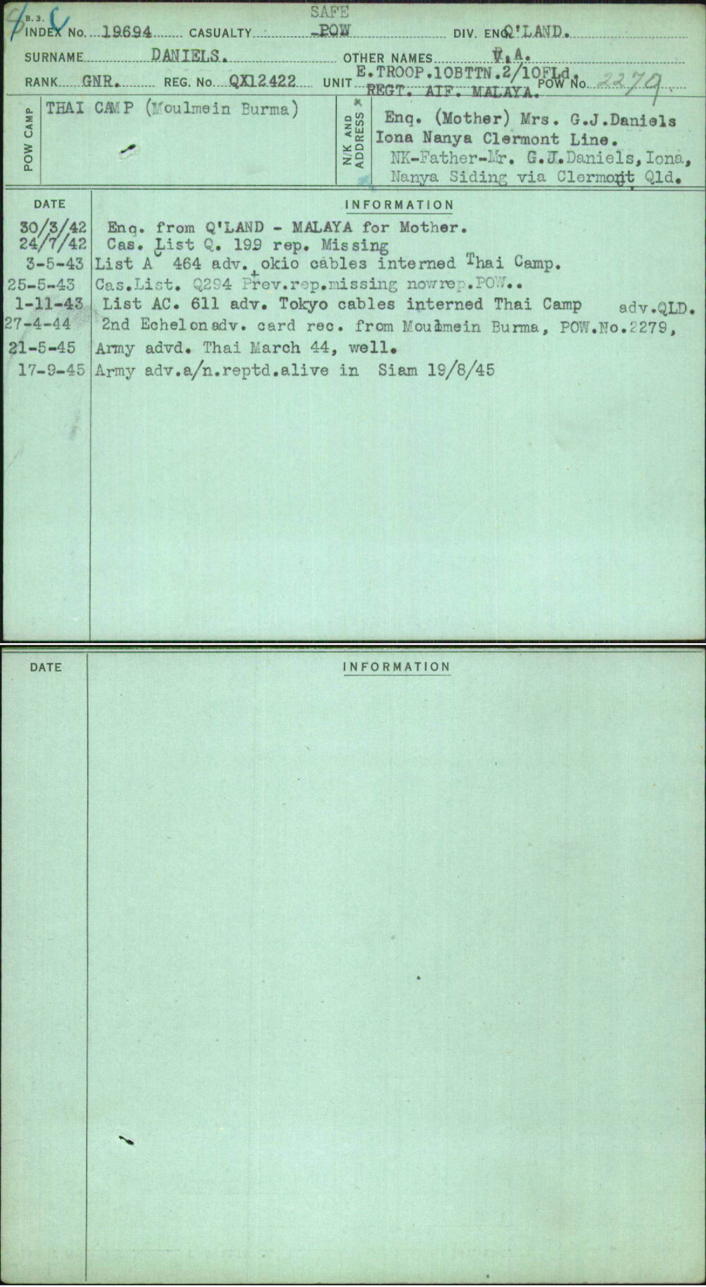 Daniels, V A, QX12422