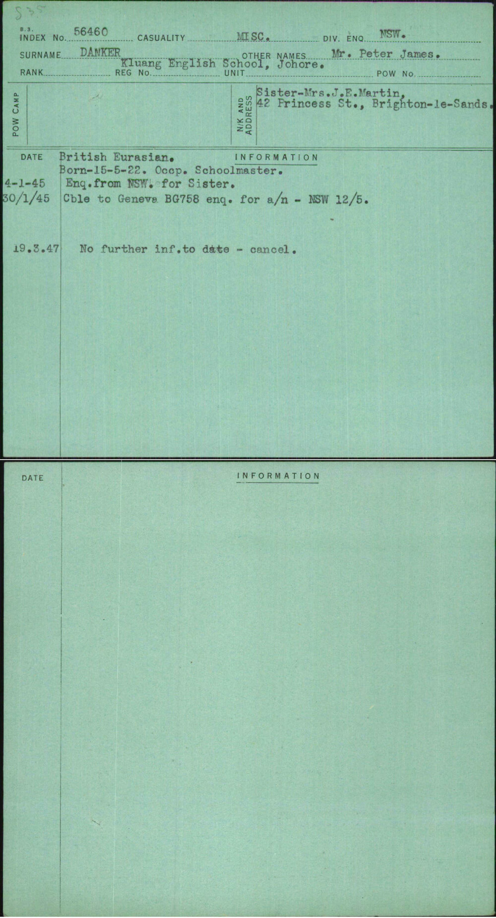 Danker, Mr Peter James, [No Service Number]