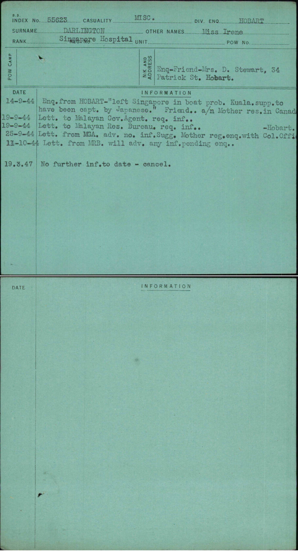 Darlington, Miss Irene, Singapore Hospital