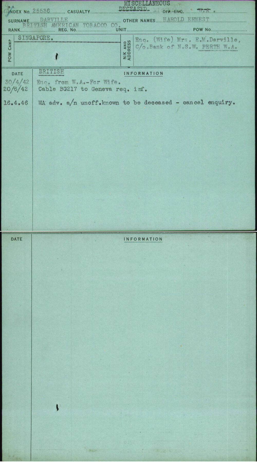 Darville, Harold Ernest, [No Service Number]