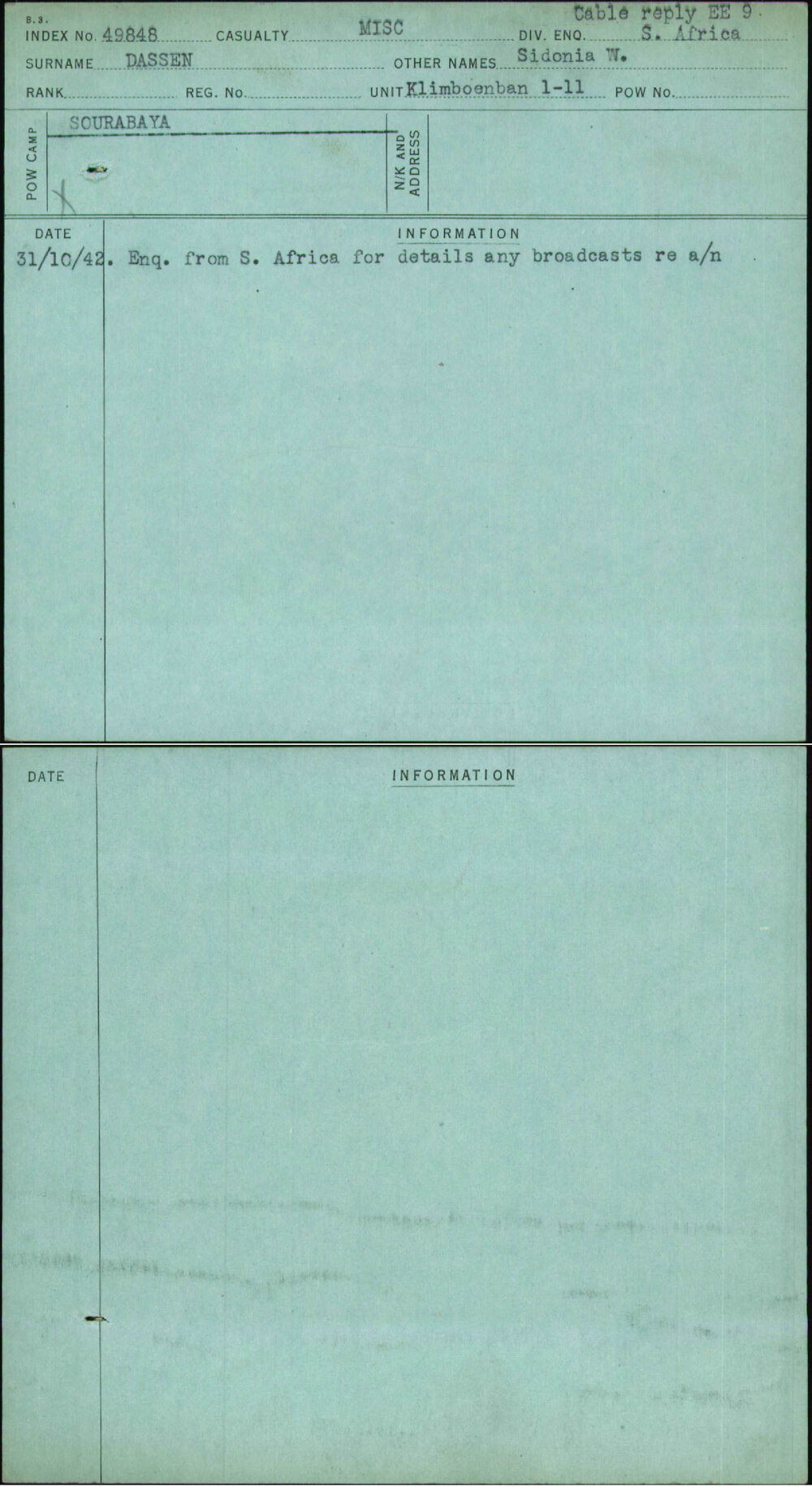 Dassen, Sidonia W, [No Service Number]