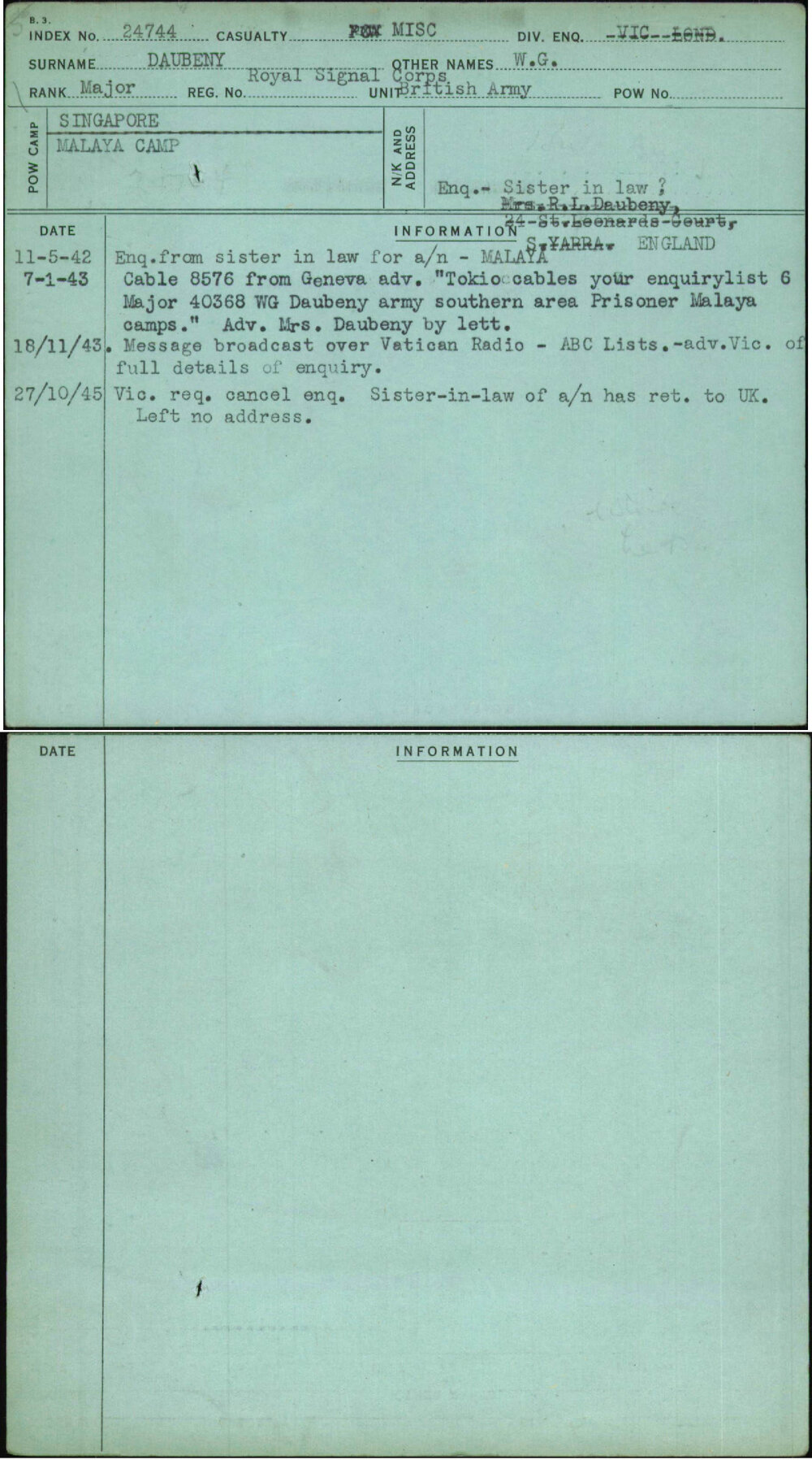 Daubeny, W G, Royal Signal Corps