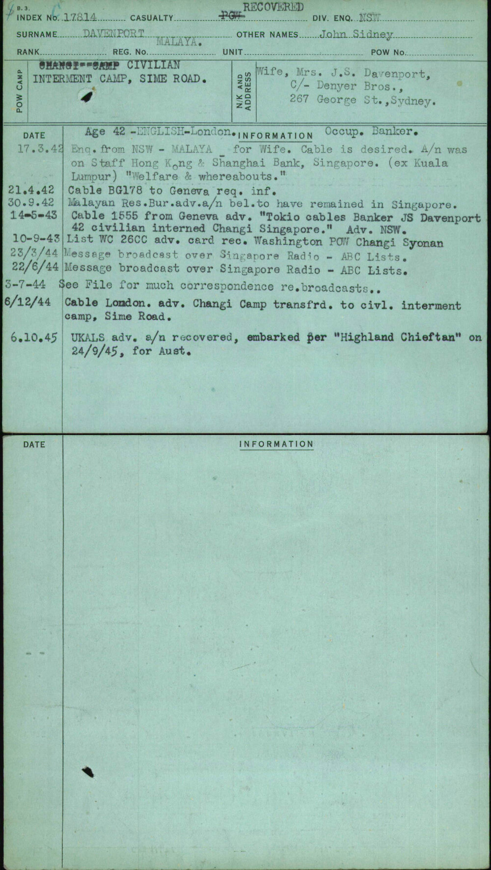 Davenport, John Sidney, Malaya