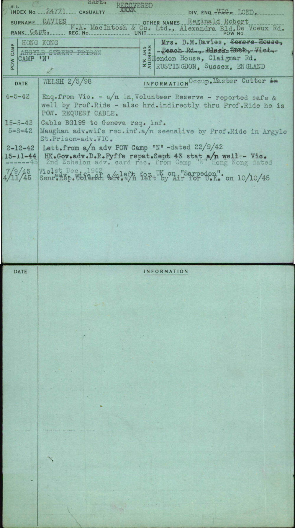 Davies, Reginald Robert, Fa Macintosh &amp; Co Ltd Alexandra Bld De Voeux Rd