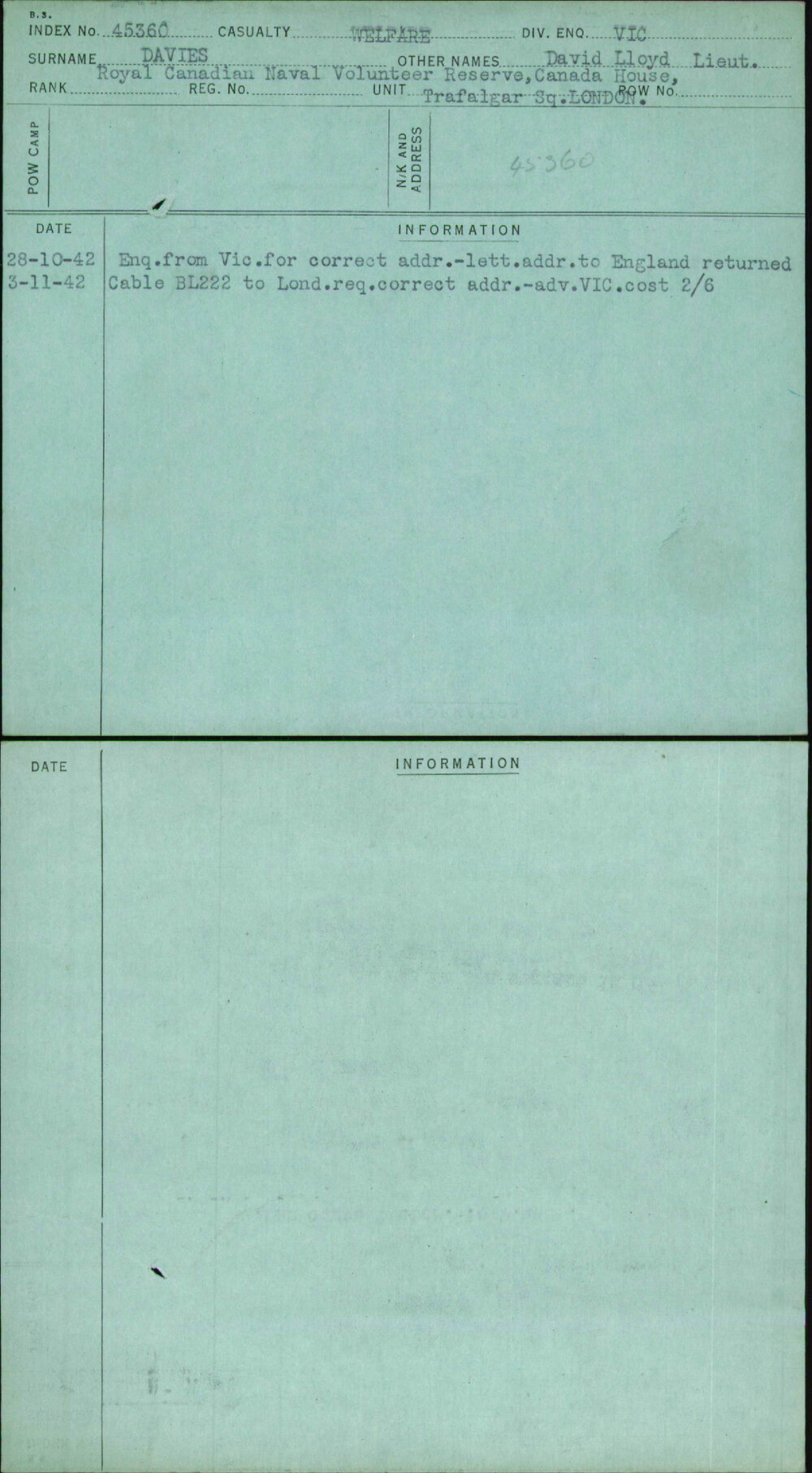 Davies, David Lloyd Lieut, [No Service Number]