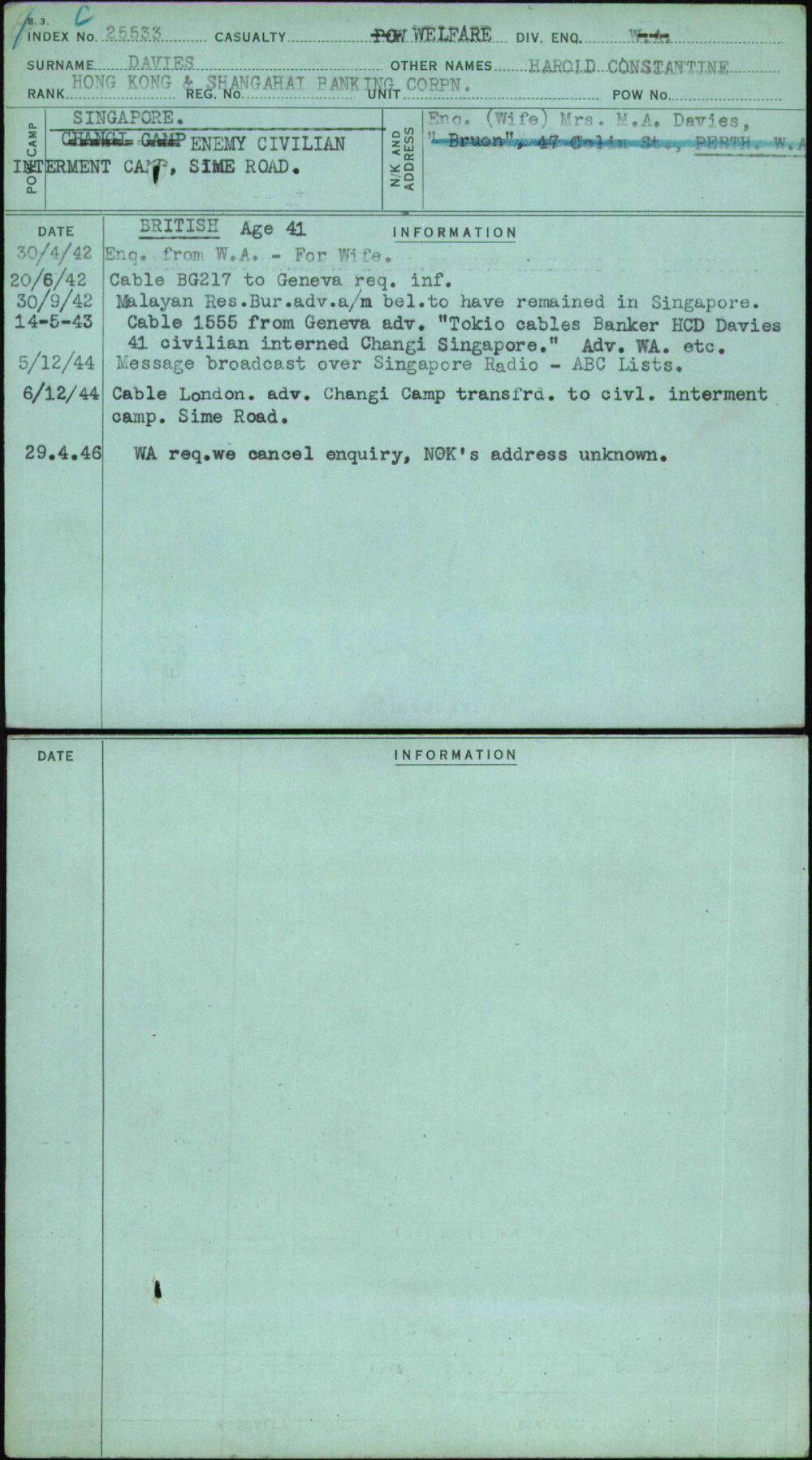 Davies, Harold Constantine, [No Service Number]