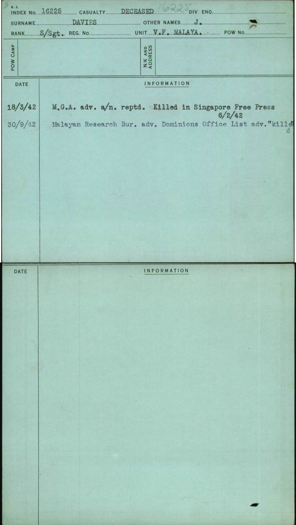 Davies, J, [No Service Number]