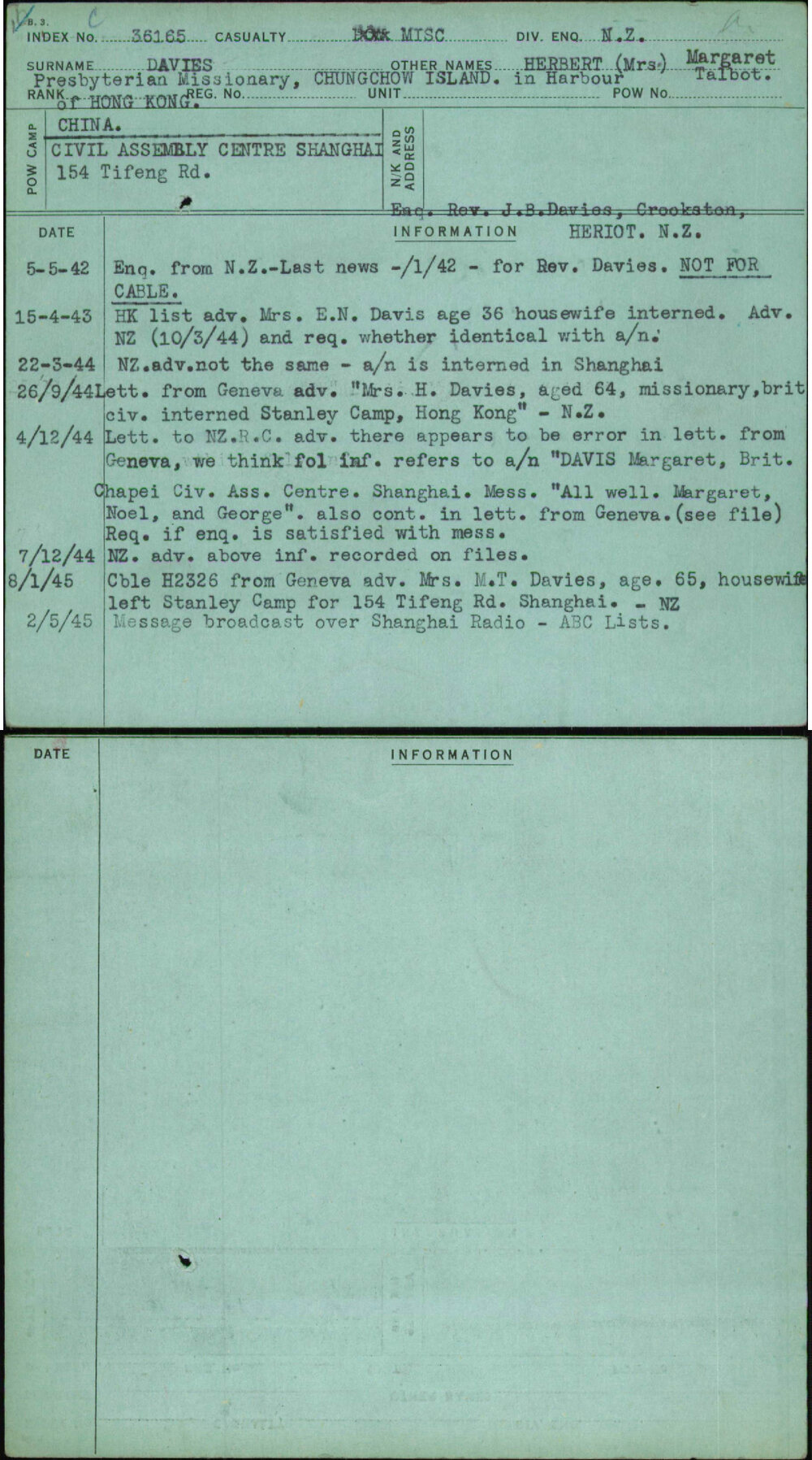 Davies, Herbert (Mrs) Margaret Talbot, [No Service Number]