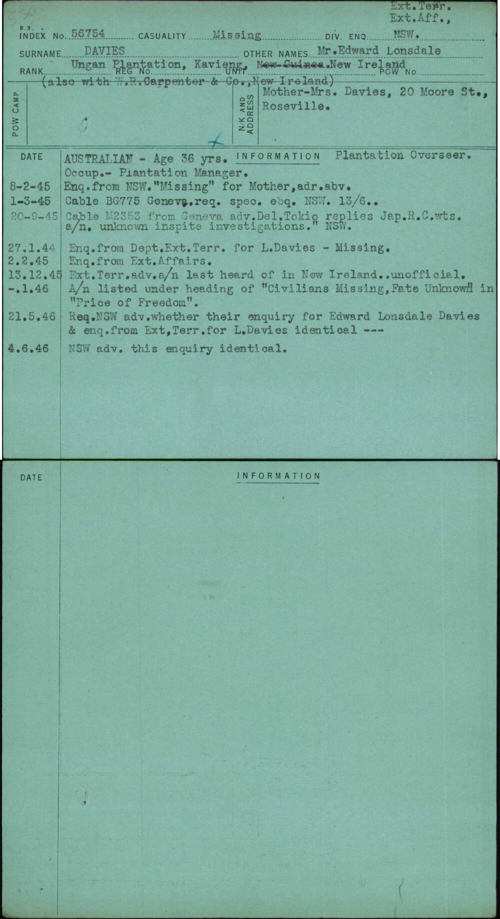 Davies, Mr Edward Lonsdale, [No Service Number]