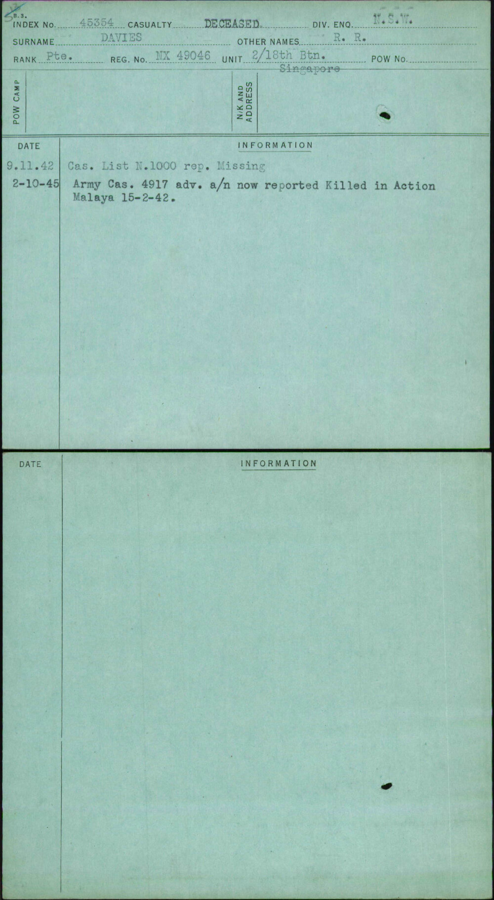 Davies, R R, NX49046