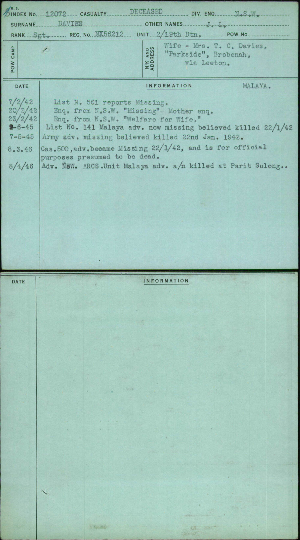 Davies, J L, NX56212