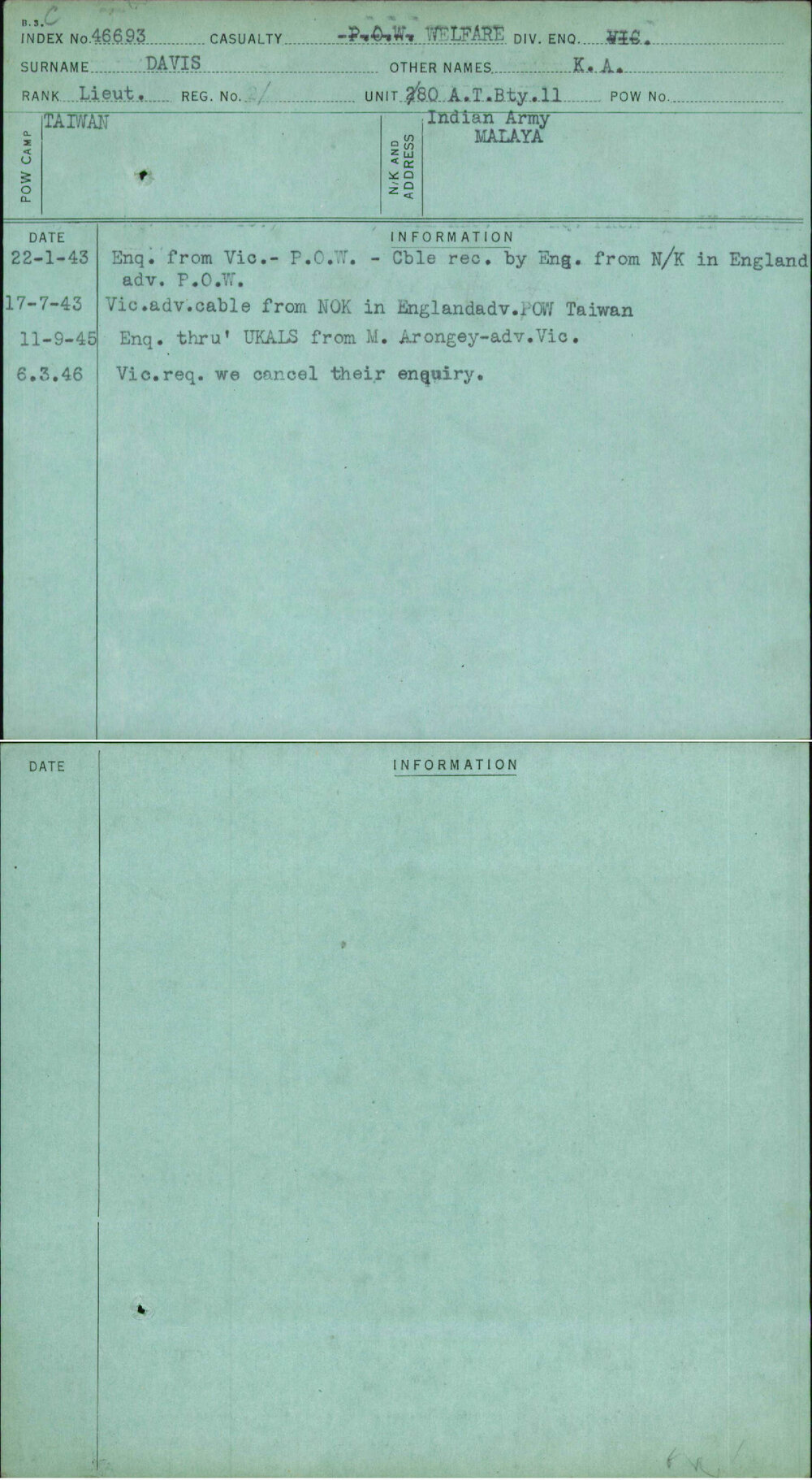 Davis, K A, [No Service Number]