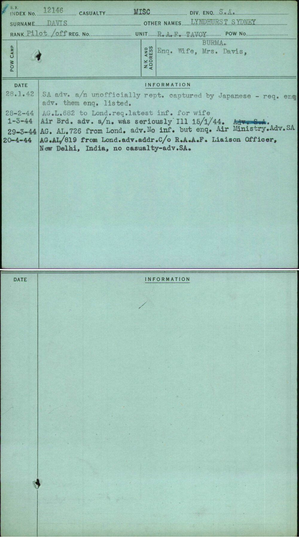 Davis, Lyndhurst Sydney, [No Service Number]