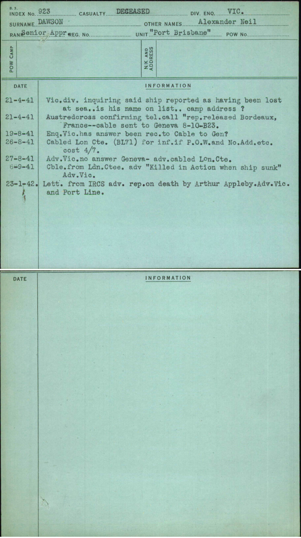 Dawson, Alexander Neil, [No Service Number]