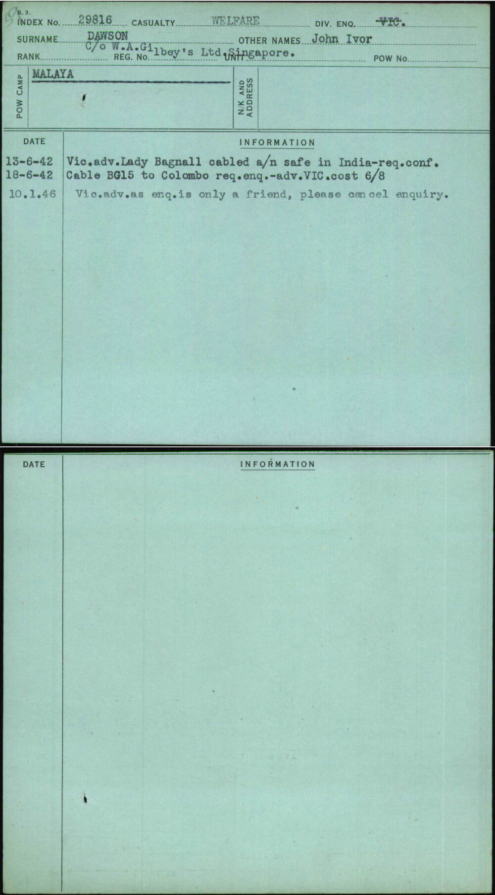 Dawson, John Ivor, [No Service Number]