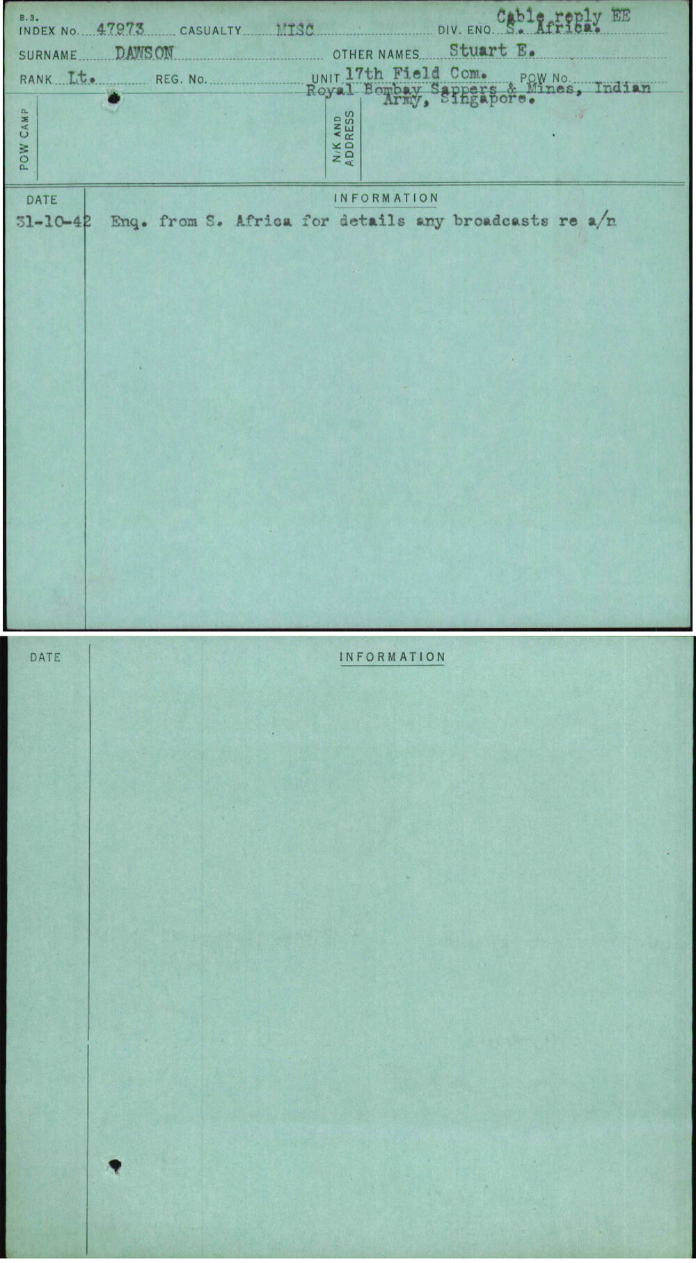 Dawson, Stuart E, [No Service Number]