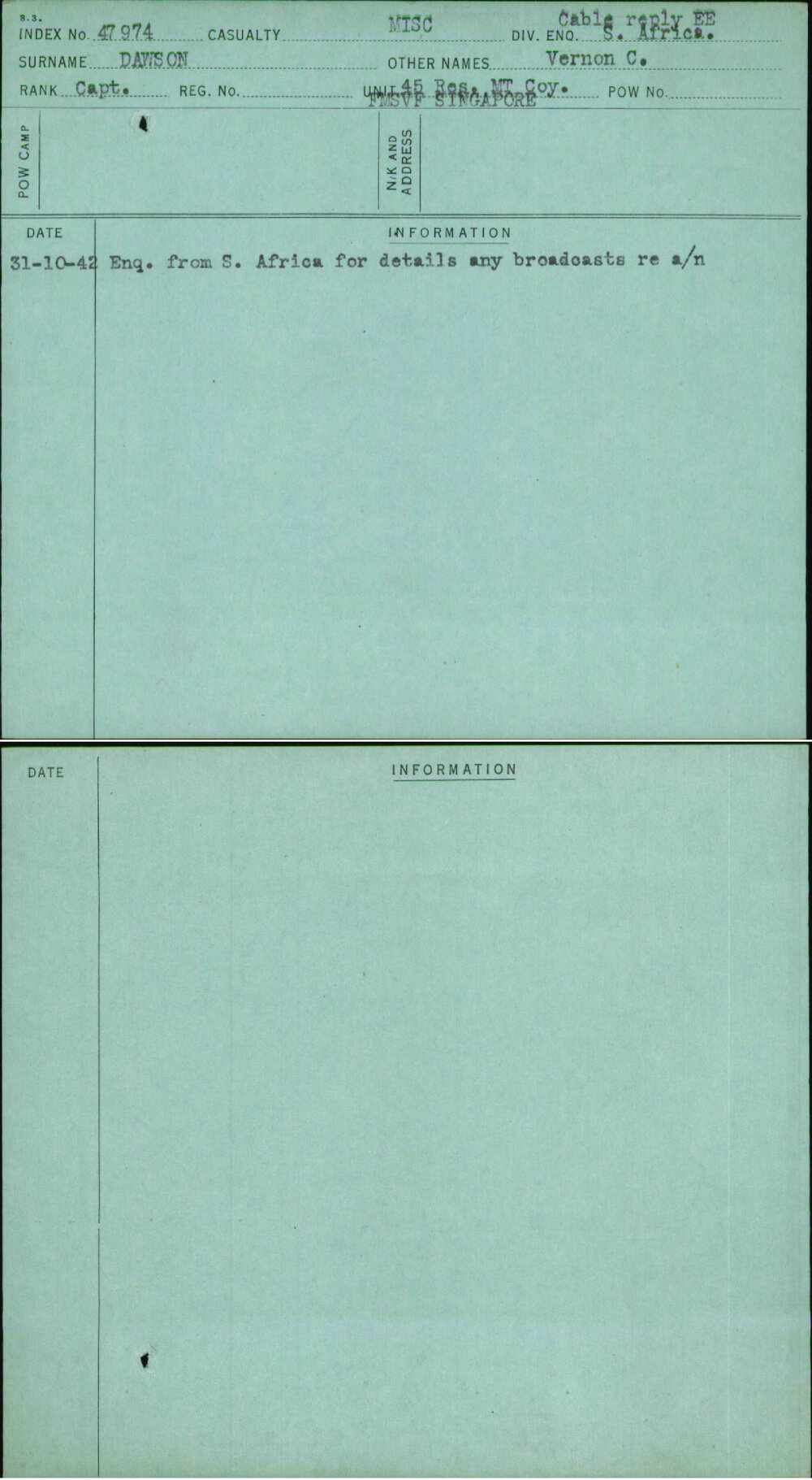 Dawson, Vernon C, [No Service Number]
