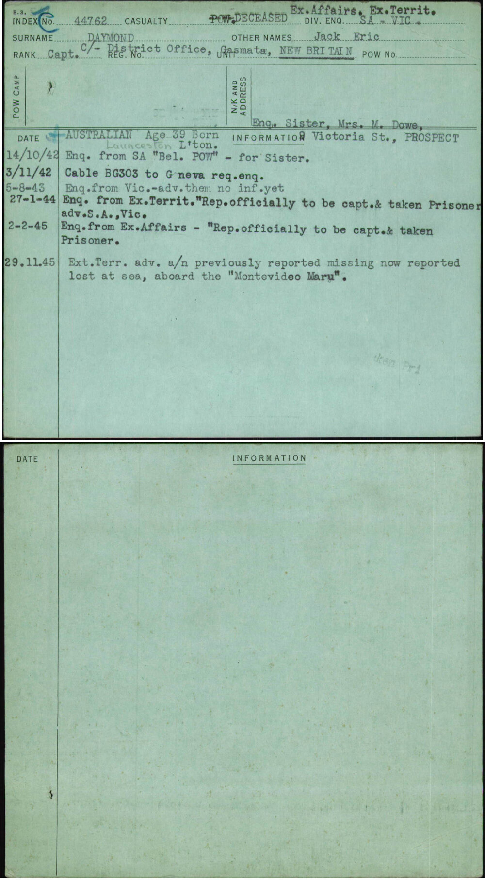 Daymond, Jack Eric, [No Service Number]