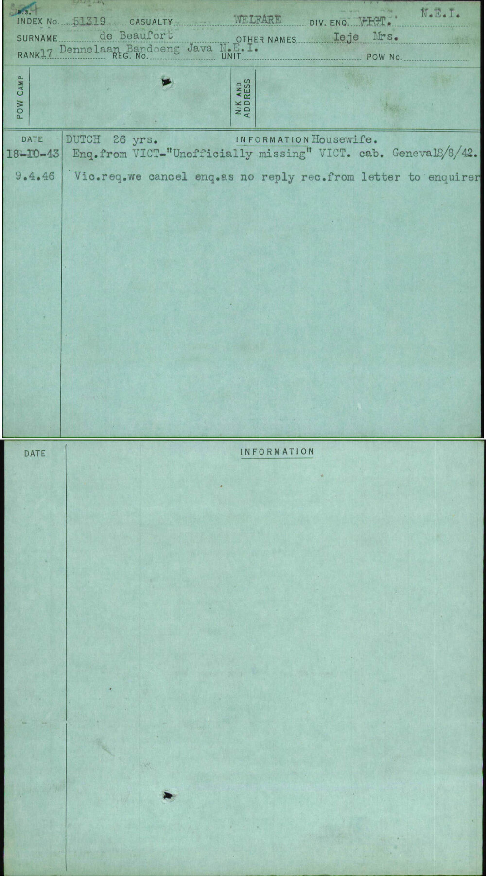 De Beaufort, Ieje Mrs, [No Service Number]