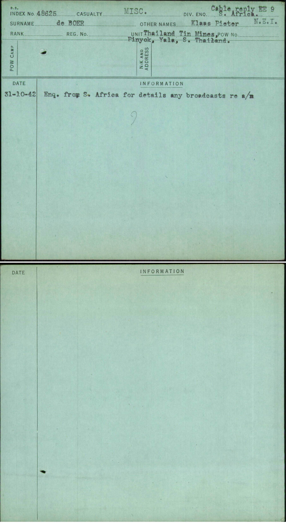 De Boer, Klaas Pieter N E I, [No Service Number]