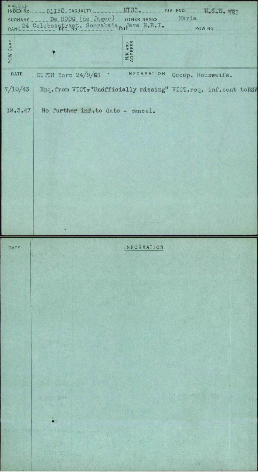 De Hoog (De Jager), Maria, [No Service Number]