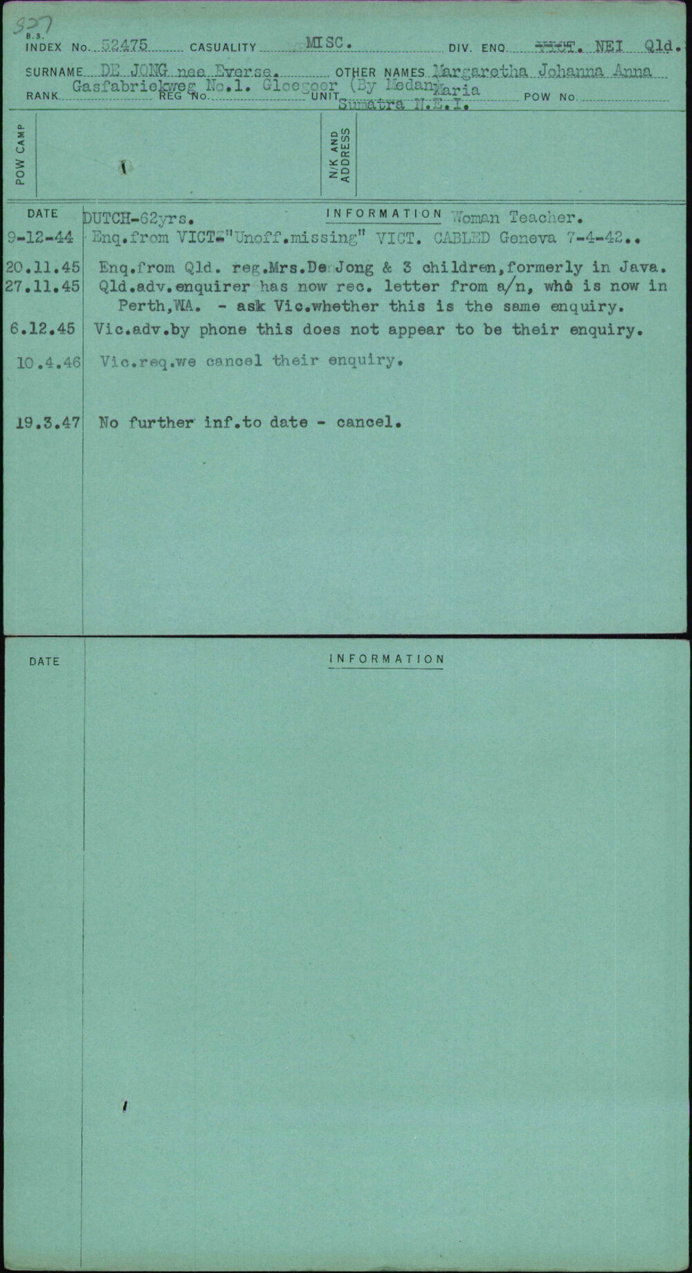 De Jong Nee Everse, Margaretha Johanna Anna, [No Service Number]