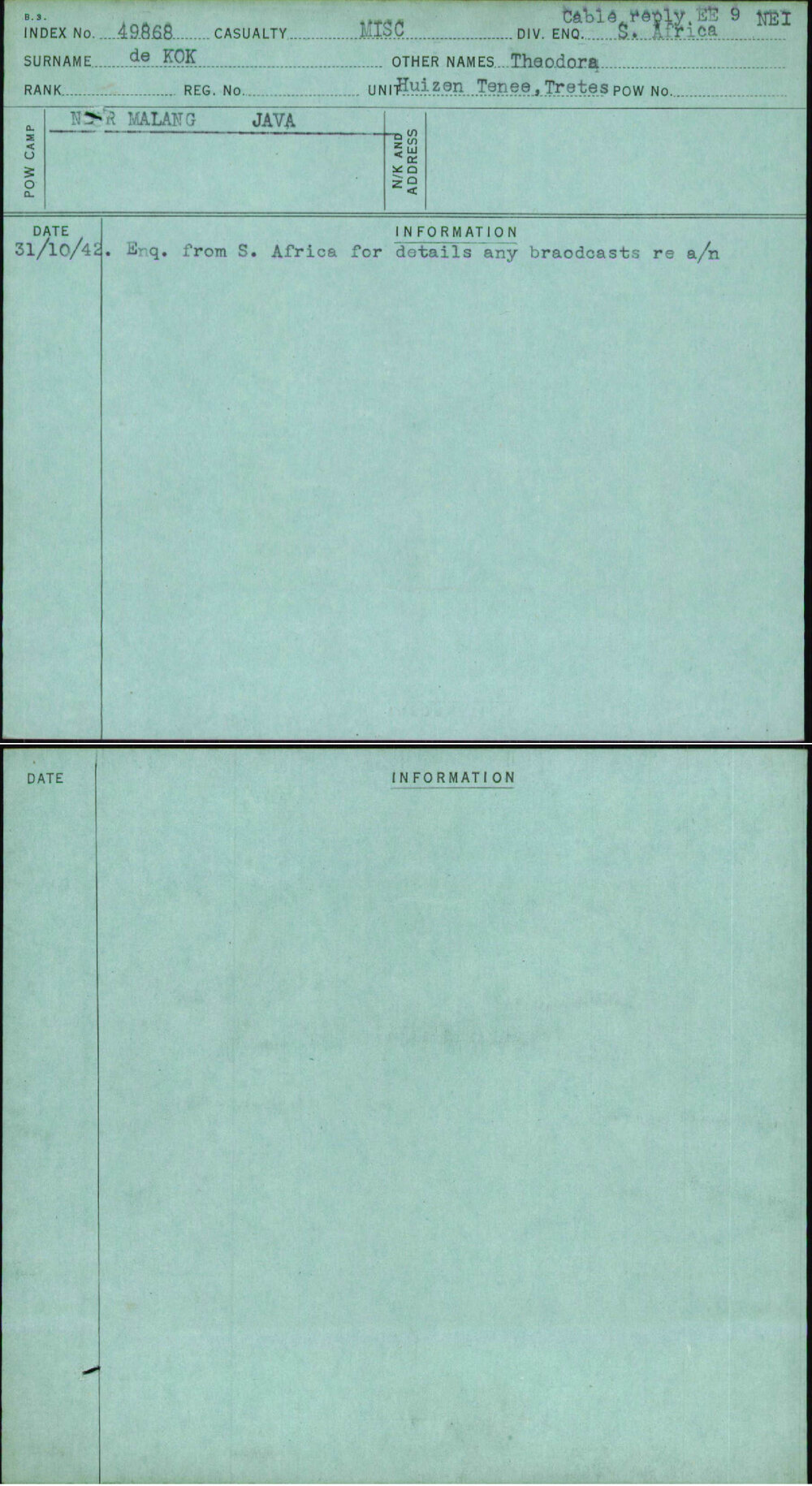 De Kok, Theodora, [No Service Number]