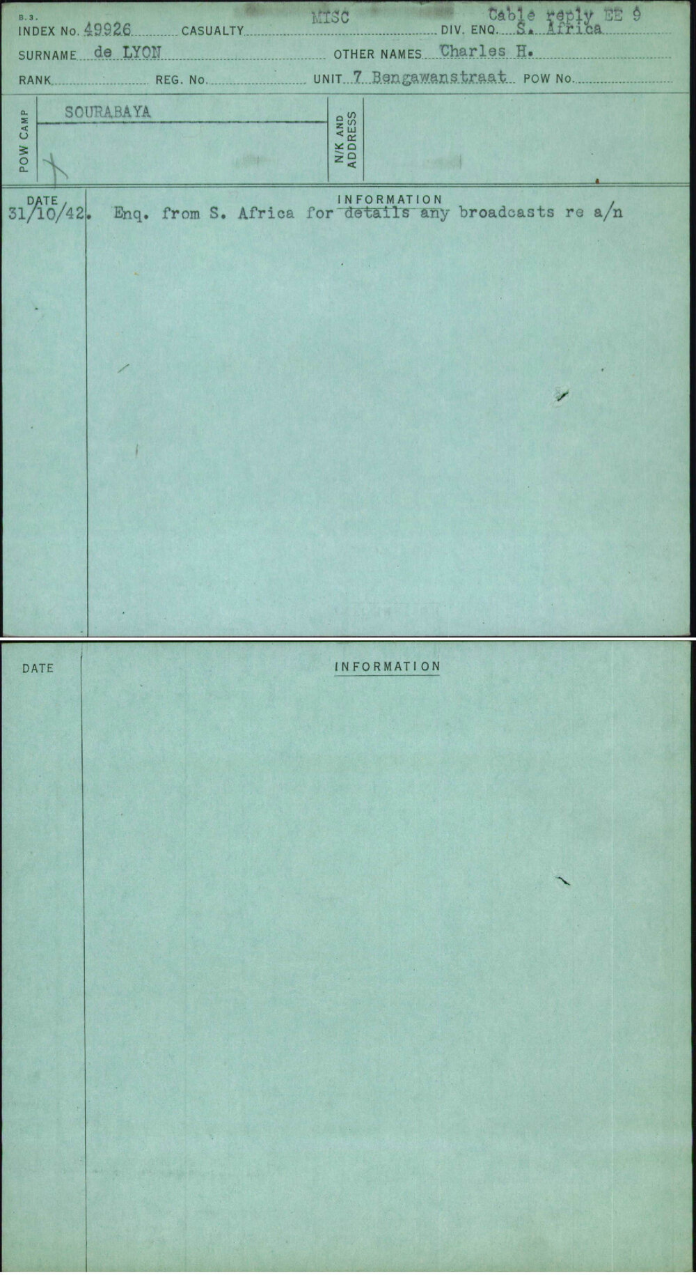 De Lyon, Charles H, [No Service Number]