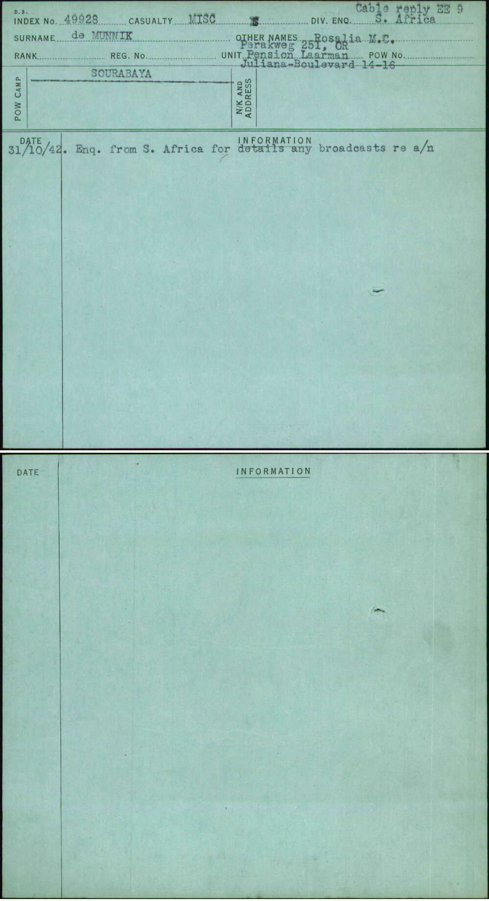 De Munnik, Rosalia M C, [No Service Number]