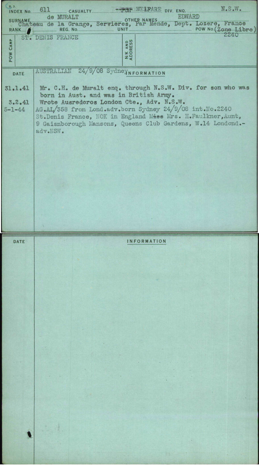 De Muralt, Edward, [No Service Number]