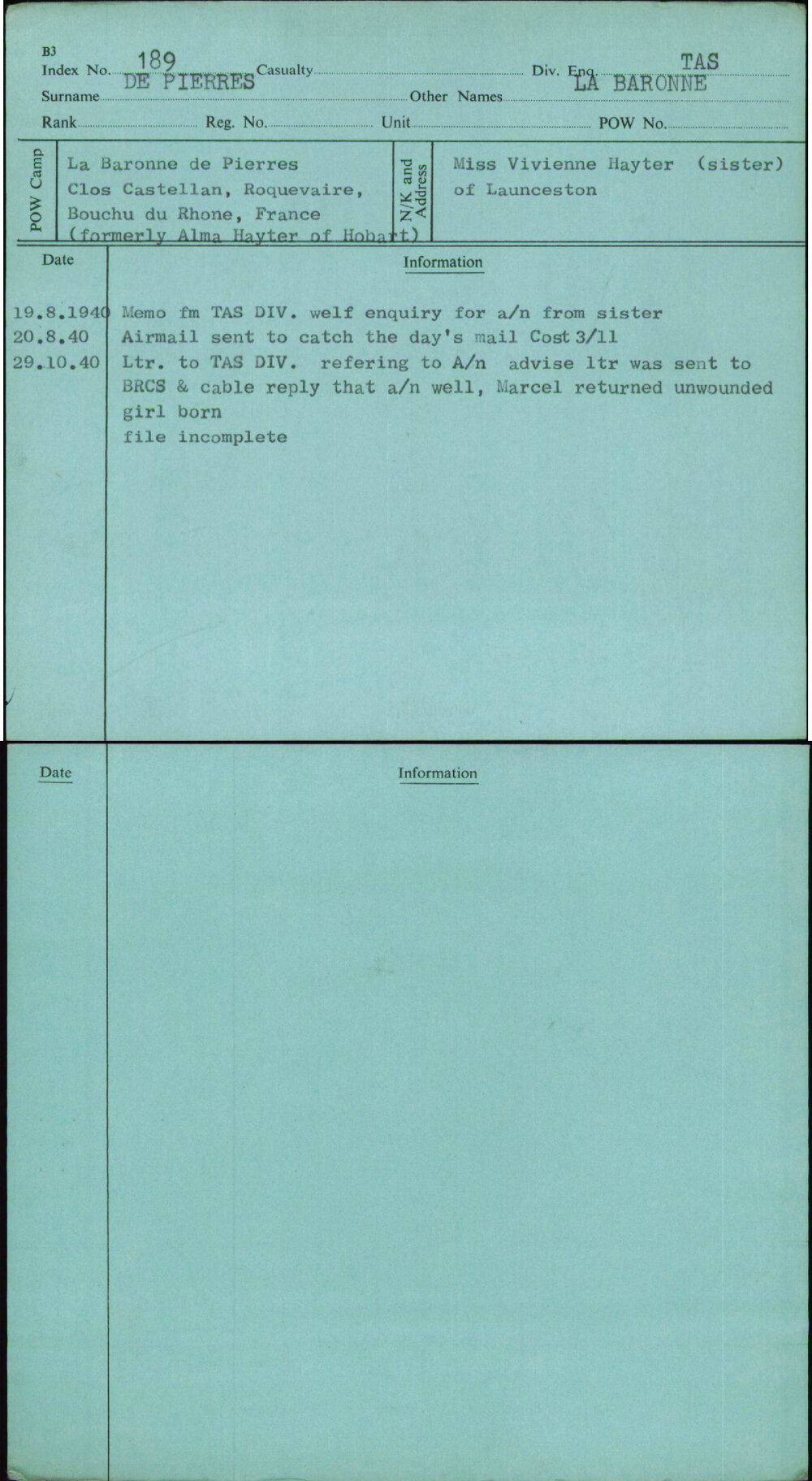 De Pierres, La Baronne, [No Service Number]