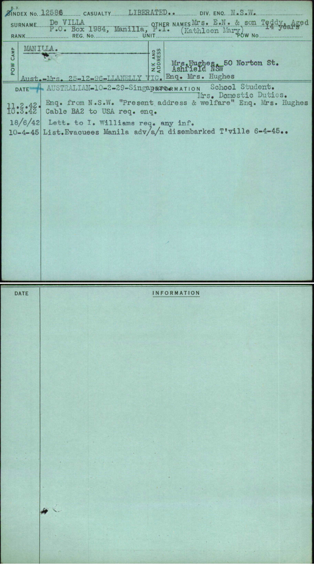 De Villa, Mrs E N &amp; Son Teddy Aged 14 Years (Kathleen Mary), [No Service Number]