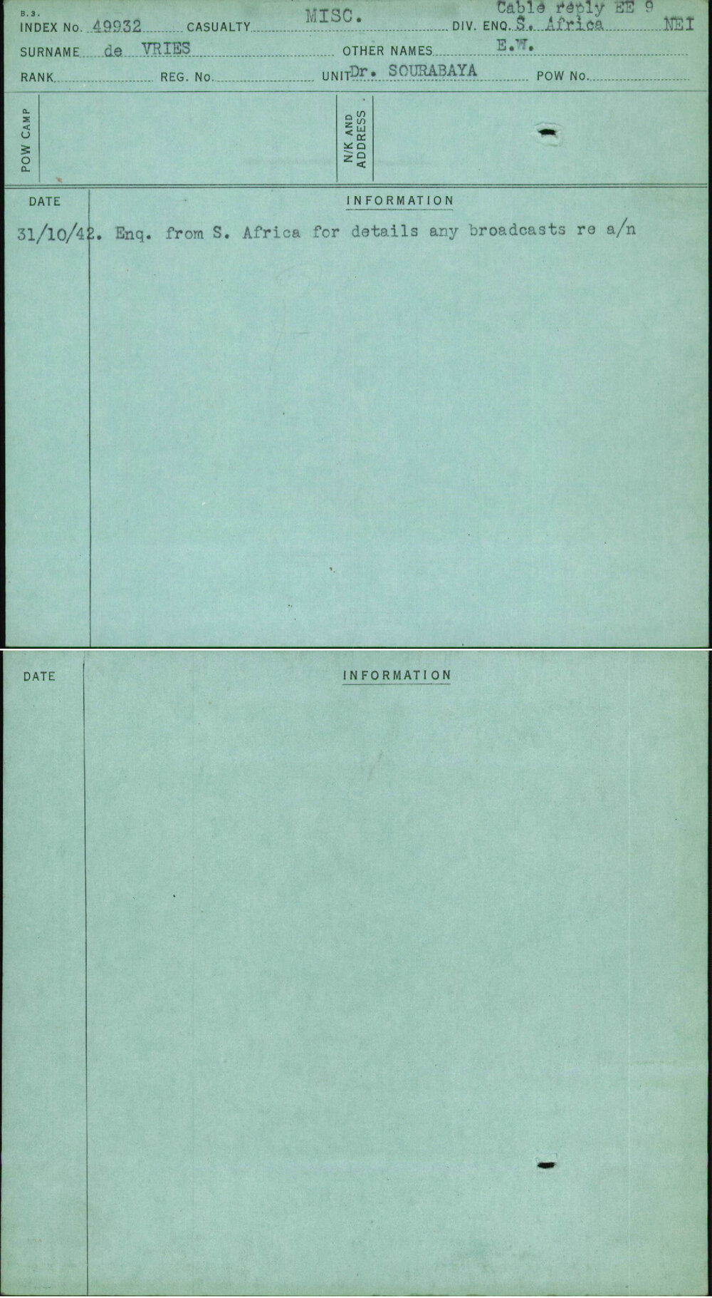 De Vries, E W, [No Service Number]