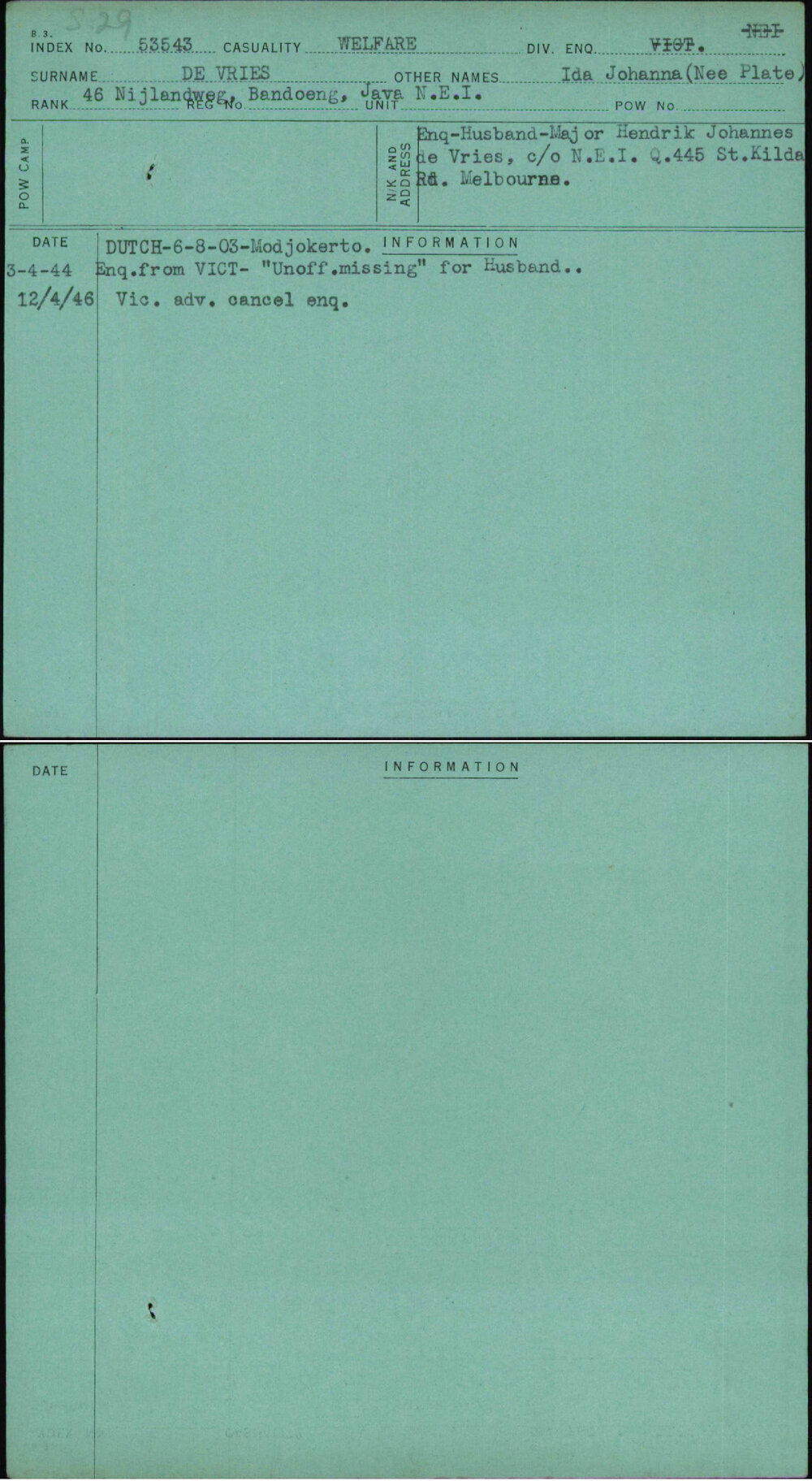 De Vries, Ida Johanna (Nee Plate), [No Service Number]