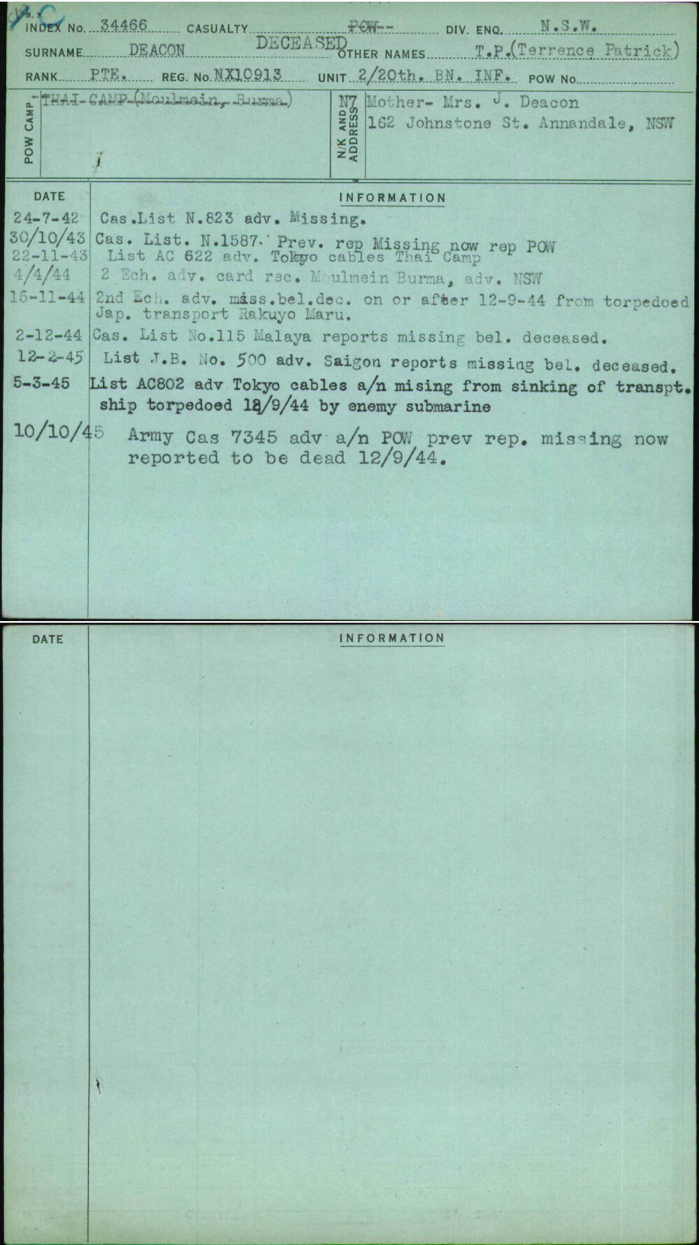Deacon, T P (Terrence Patrick), NX10913