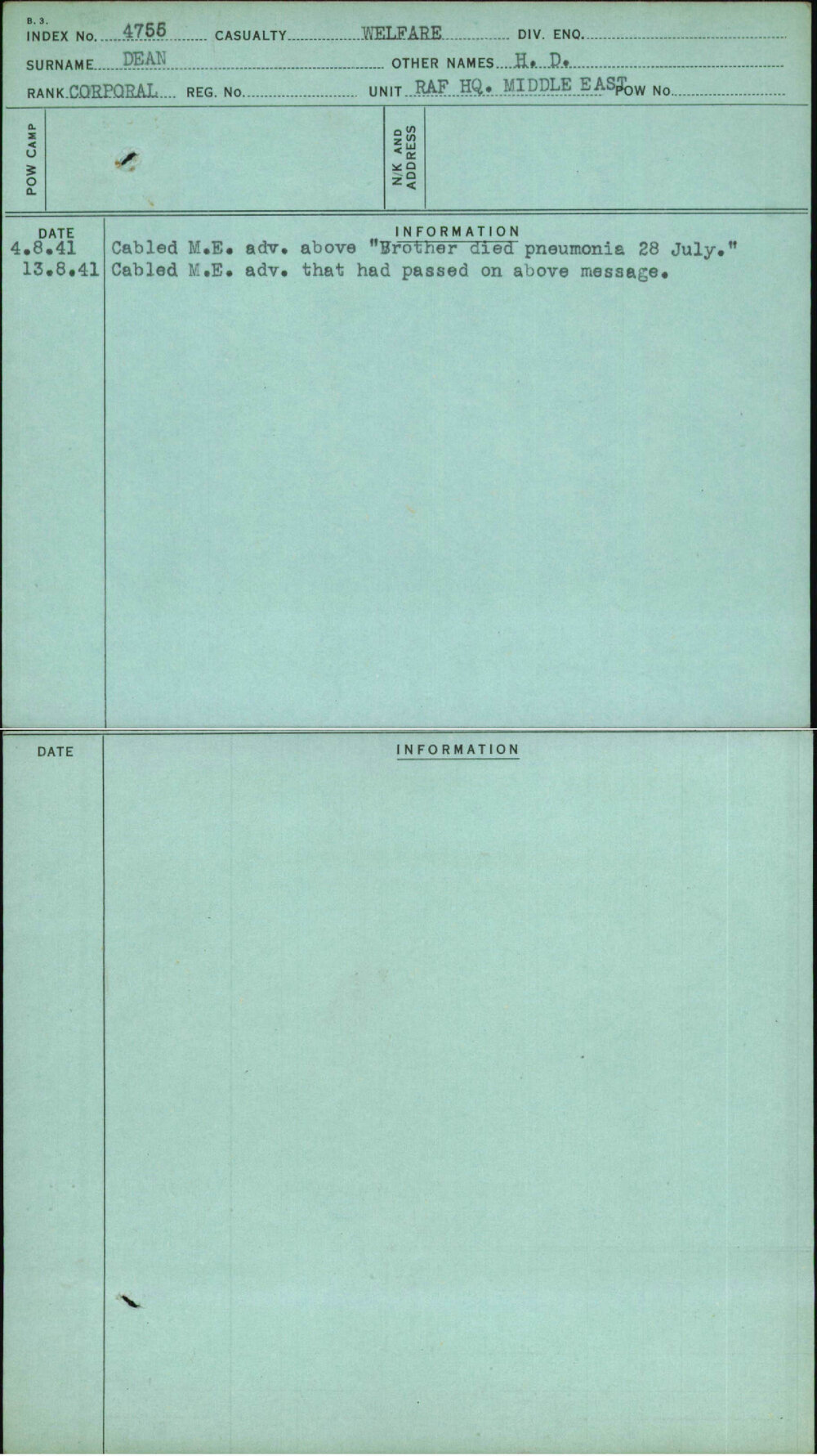 Dean, H D, [No Service Number]