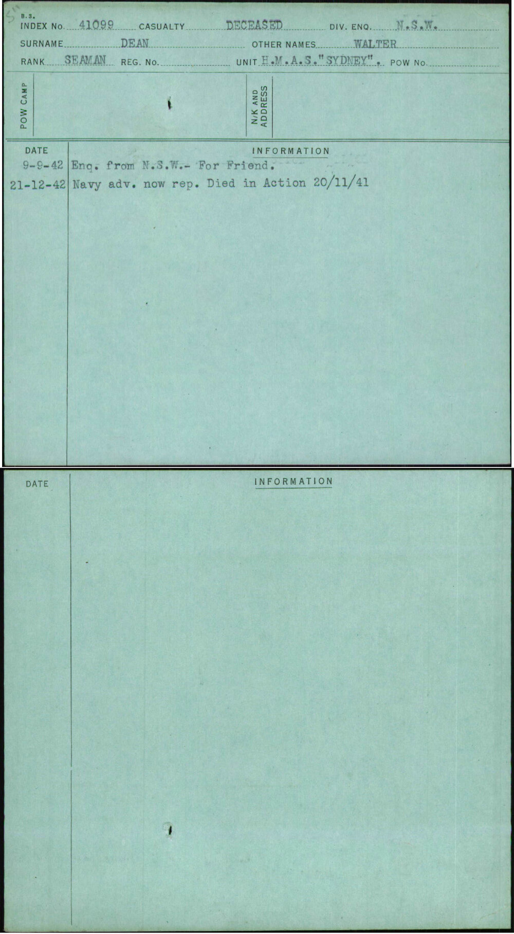 Dean, Walter, [No Service Number]