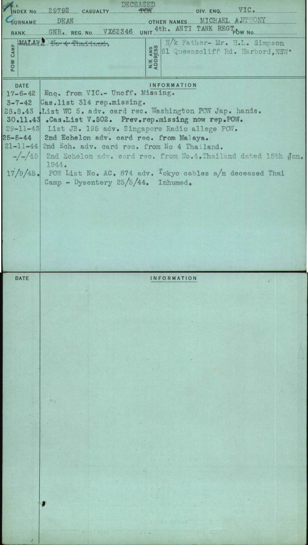 Dean, Michael Anthony, VX62346