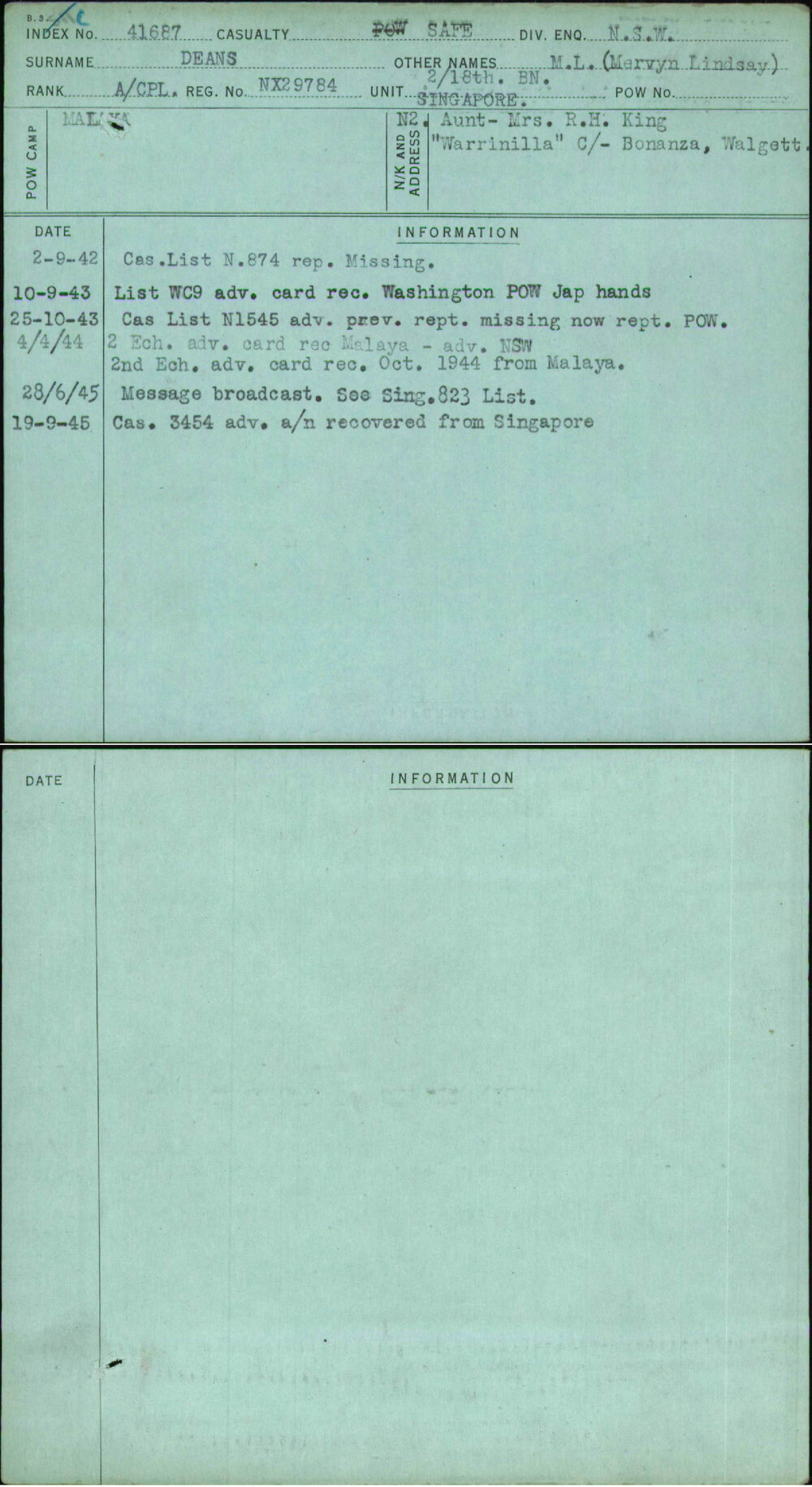 Deans, M L (Mervyn Lindsay), NX29784