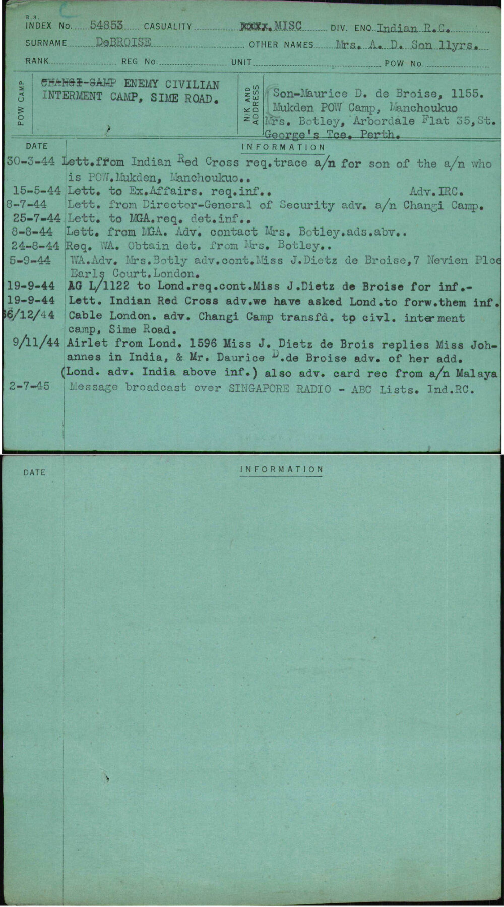 Debroise, Mrs A D Son Llyrs, [No Service Number]