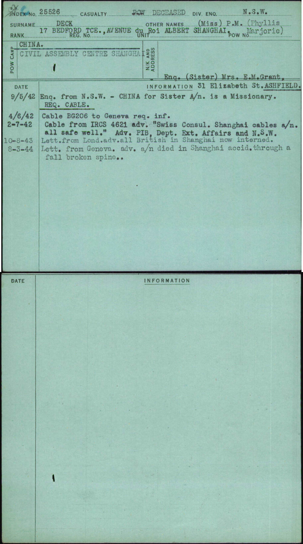 Deck, (Miss) P M (Phyllis Marjorie), [No Service Number]