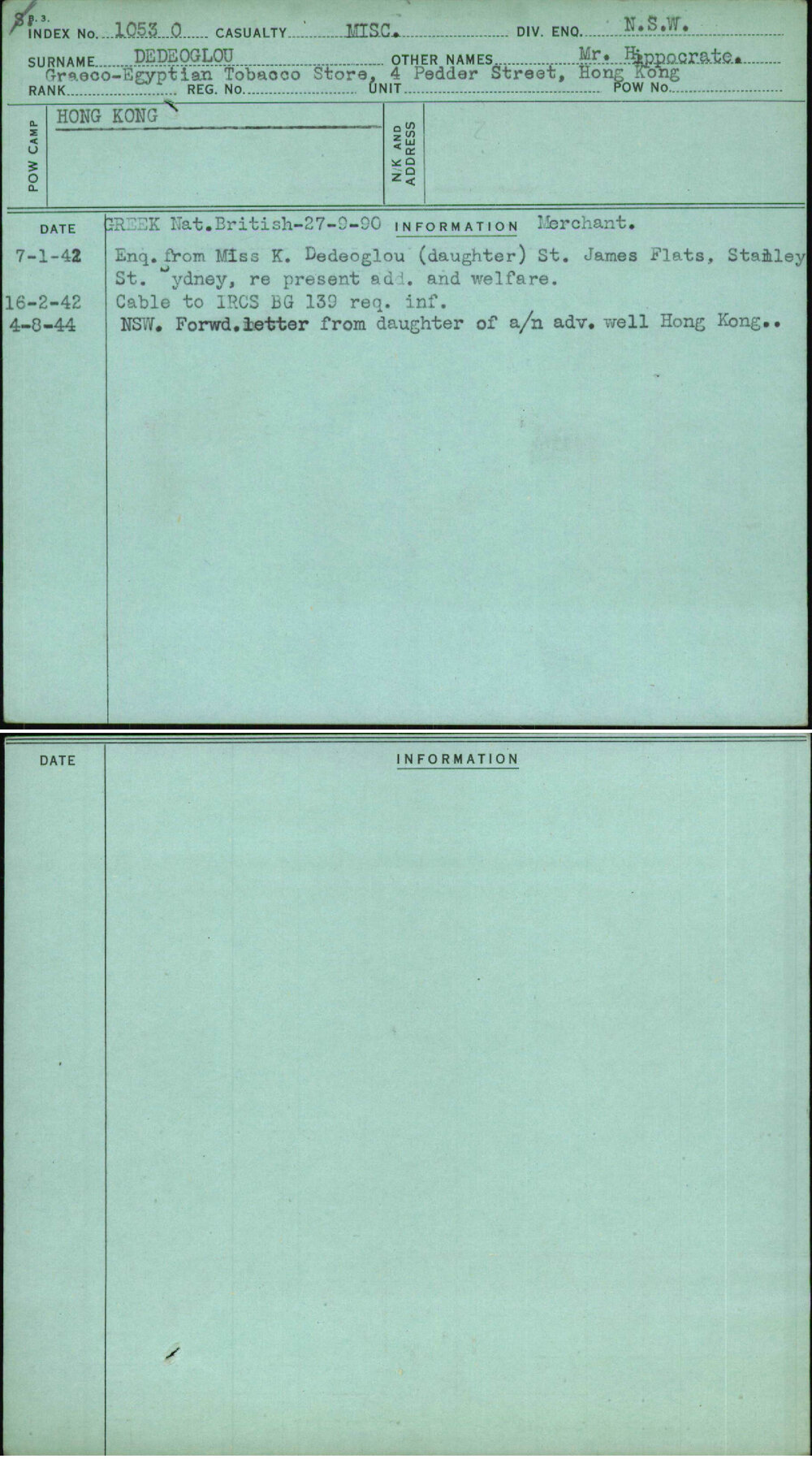 Dedeoglou, Mr Hippocrate, [No Service Number]