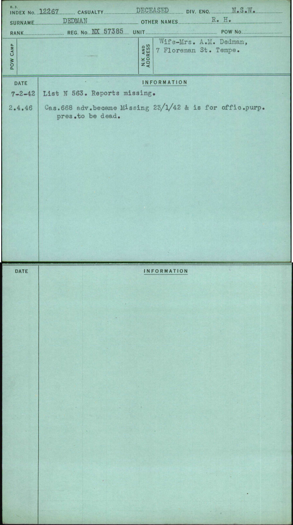 Dedman, R H, NX57385