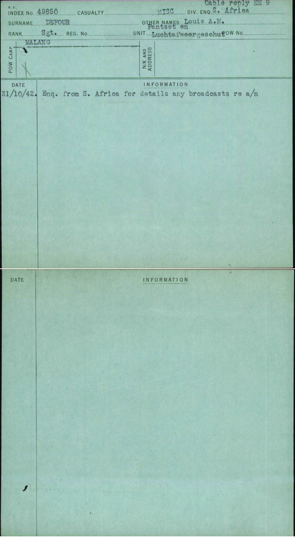 Defour, Louis A M, [No Service Number]