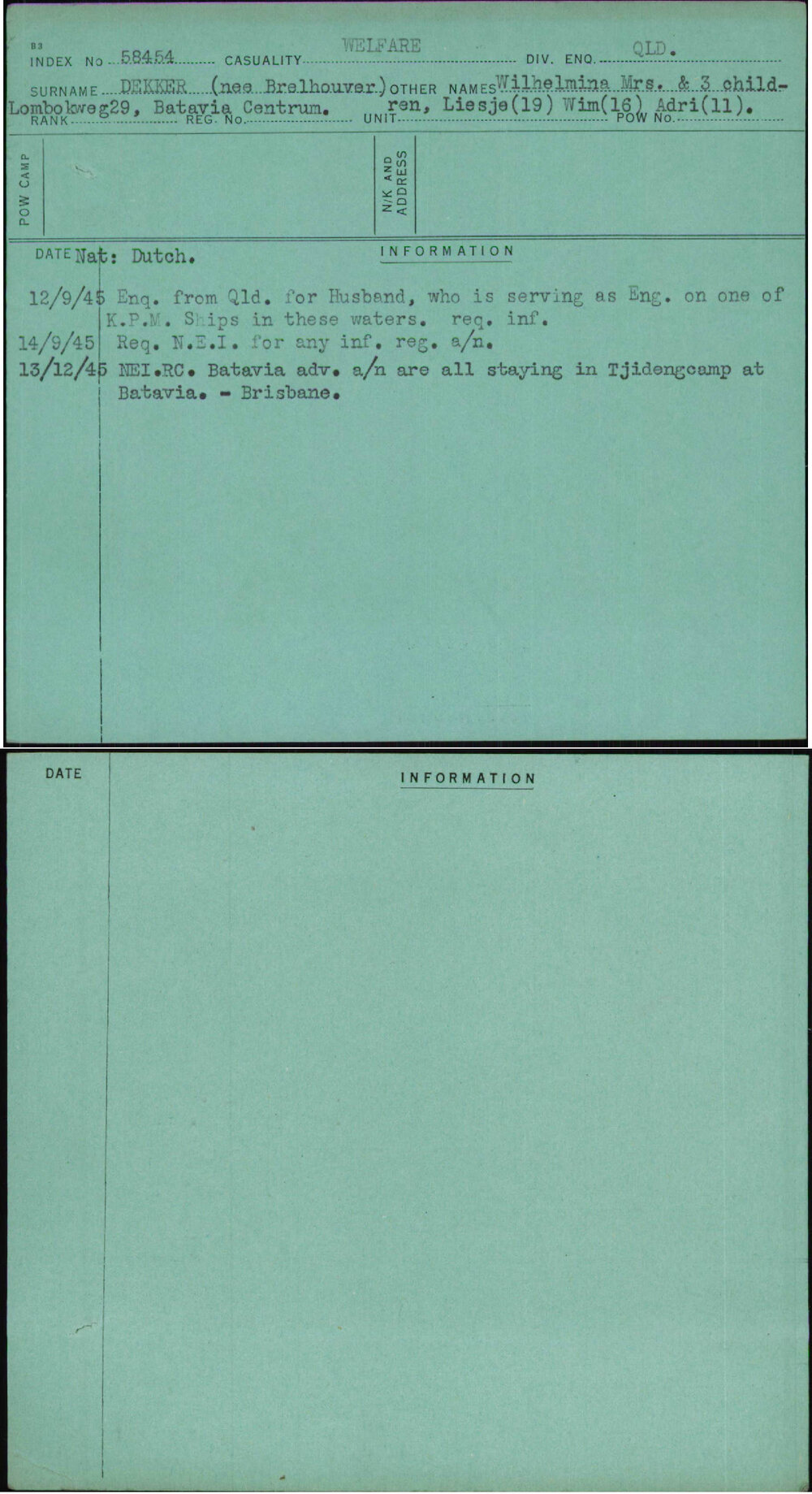 Dekker (Nee Brelhouver), Wilhelmina Mrs &amp; 3 Children Liesje (19) Wim (16) Adri (11), [No Service Number]