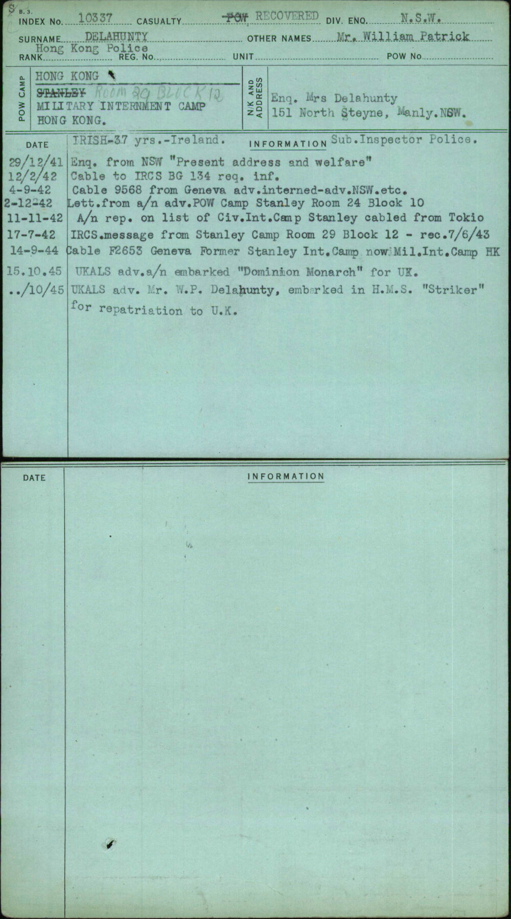 Delahunty, Mr William Patrick, [No Service Number]