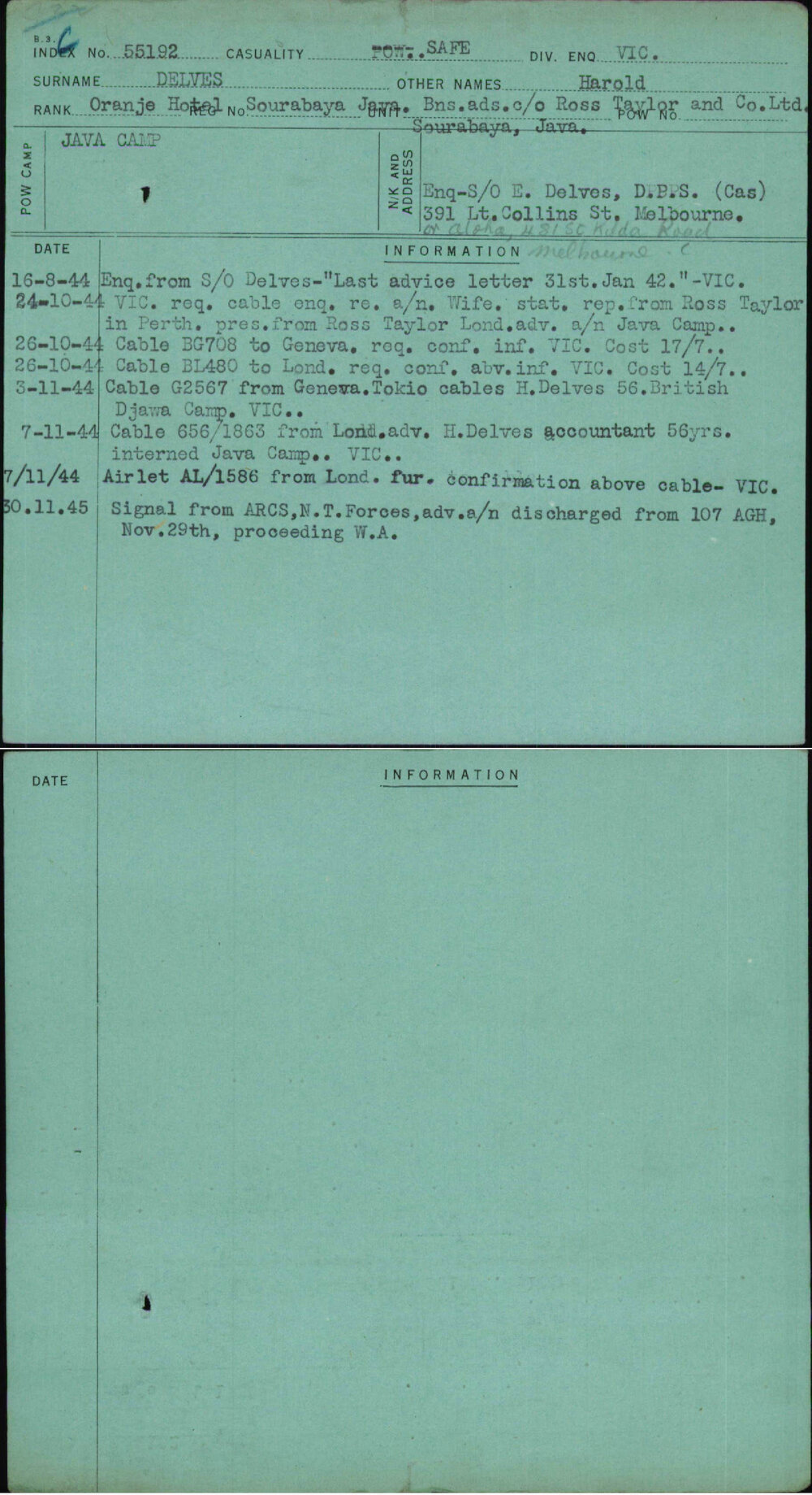 Delves, Harold, [No Service Number]