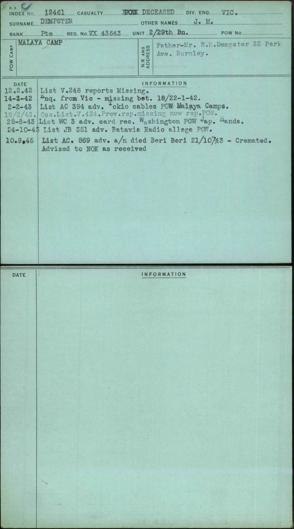 Dempster, J M, VX43543