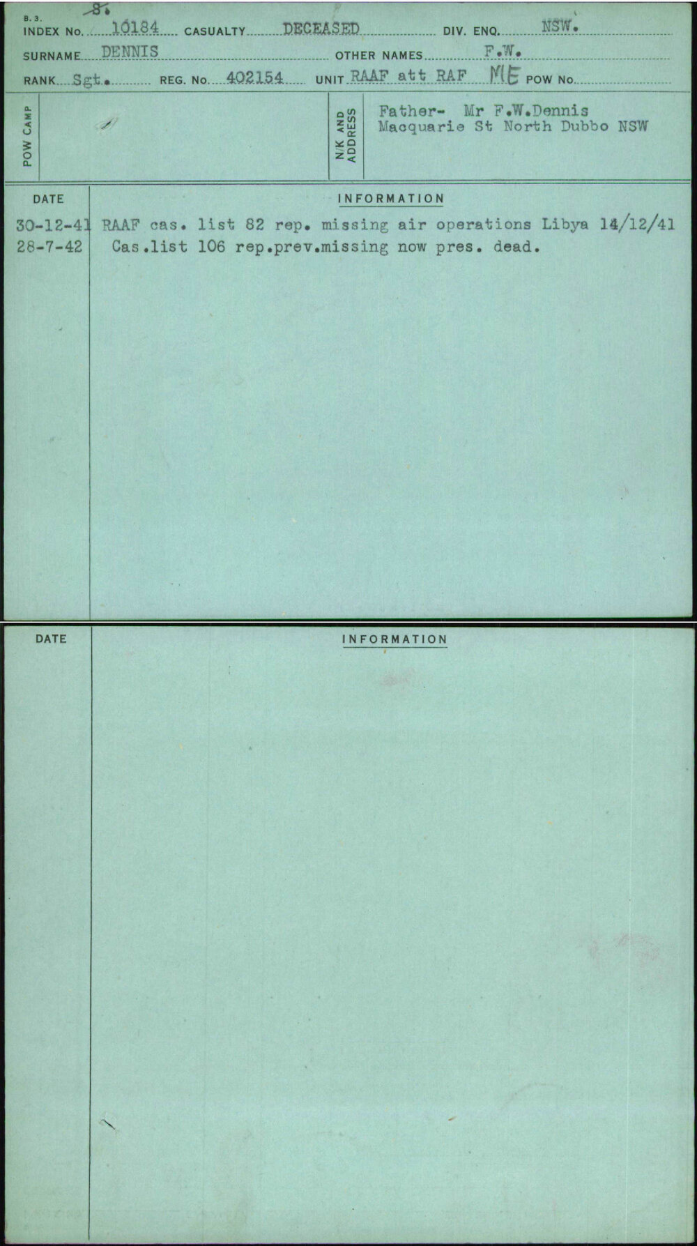 Dennis, F W, 402154